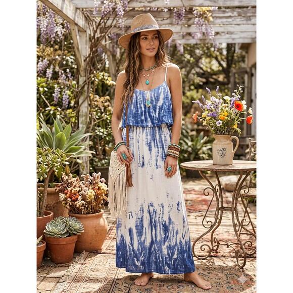 Takara Dresses & Skirts - Takara Blue Tie-Dye Maxi Dress Sleeveless Scoop Neck M boho